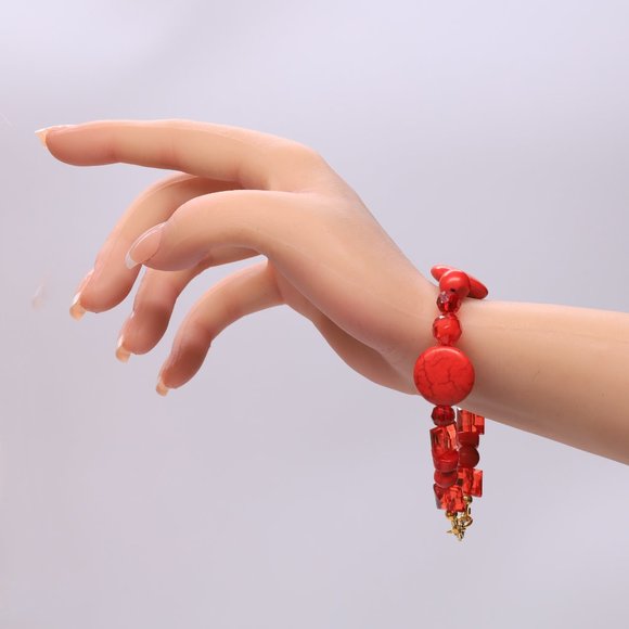 3 Piece Set Necklace Bracelet Earrings Red Howlite Crystals Red Glass Beads - Picture 8 of 10